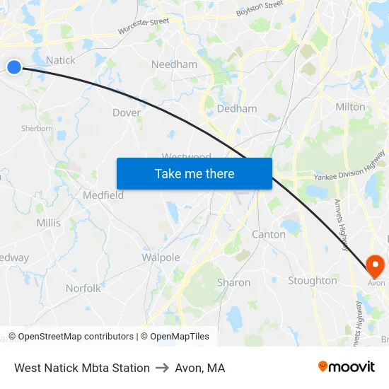 West Natick Mbta Station to Avon, MA map