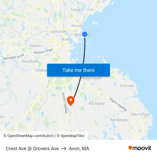 Crest Ave @ Grovers Ave to Avon, MA map