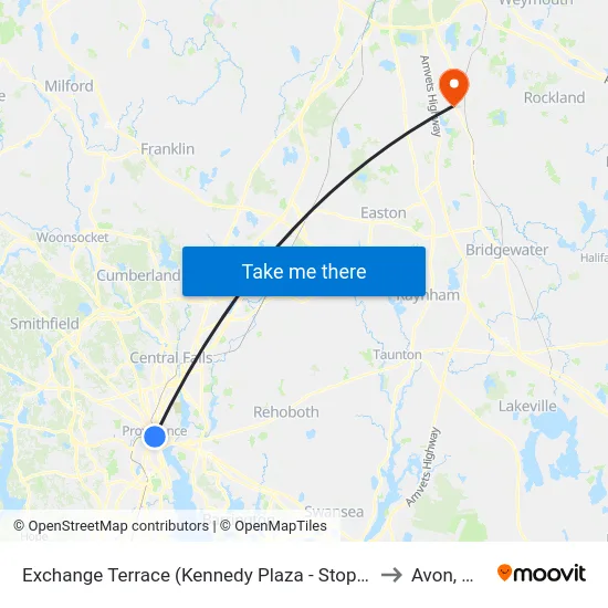 Exchange Terrace (Kennedy Plaza - Stop X) to Avon, MA map