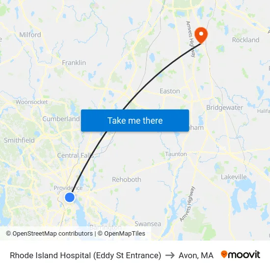 Rhode Island Hospital (Eddy St Entrance) to Avon, MA map