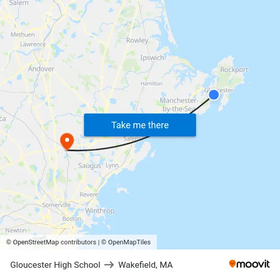 Gloucester High School to Wakefield, MA map