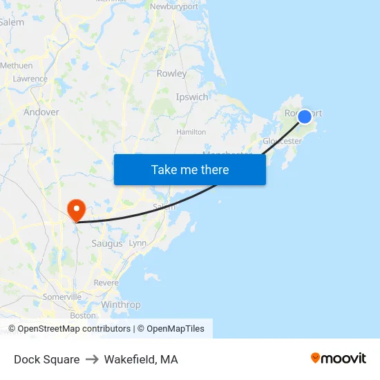 Dock Square to Wakefield, MA map