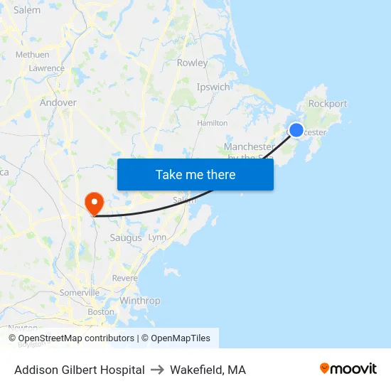 Addison Gilbert Hospital to Wakefield, MA map