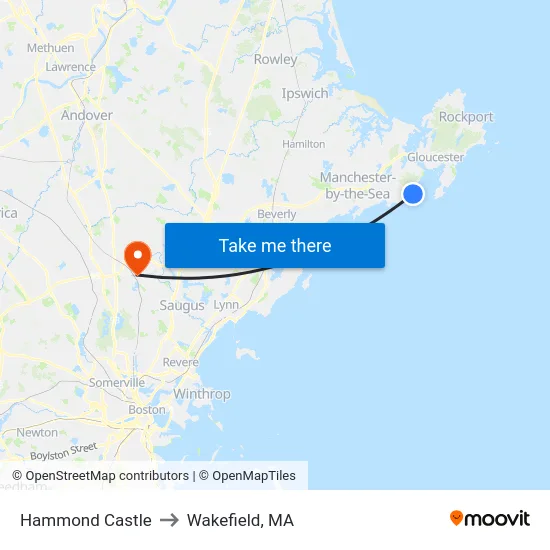 Hammond Castle to Wakefield, MA map
