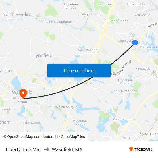 Liberty Tree Mall to Wakefield, MA map