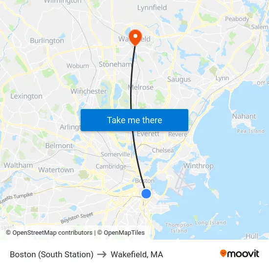 Boston (South Station) to Wakefield, MA map