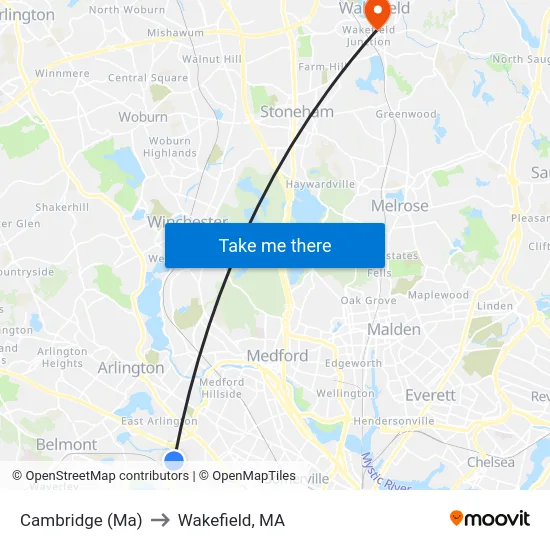 Cambridge (Ma) to Wakefield, MA map