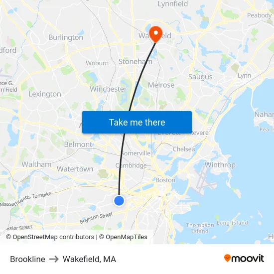 Brookline to Wakefield, MA map