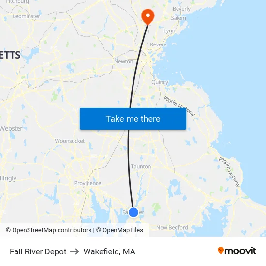 Fall River Depot to Wakefield, MA map