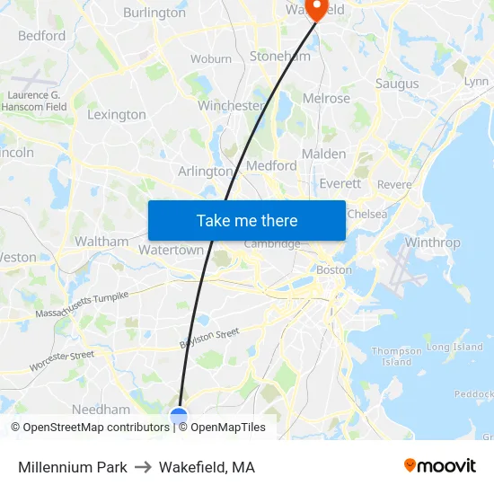 Millennium Park to Wakefield, MA map