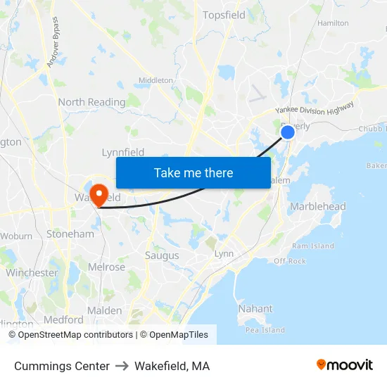 Cummings Center to Wakefield, MA map