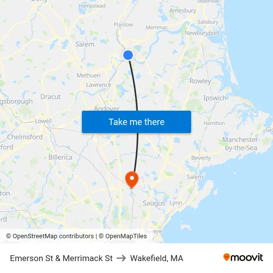 Emerson St & Merrimack St to Wakefield, MA map