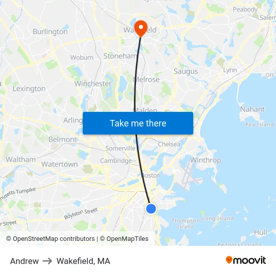 Andrew to Wakefield, MA map