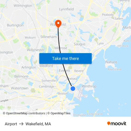 Airport to Wakefield, MA map