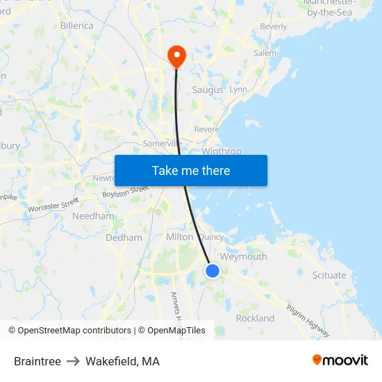 Braintree to Wakefield, MA map