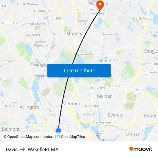 Davis to Wakefield, MA map