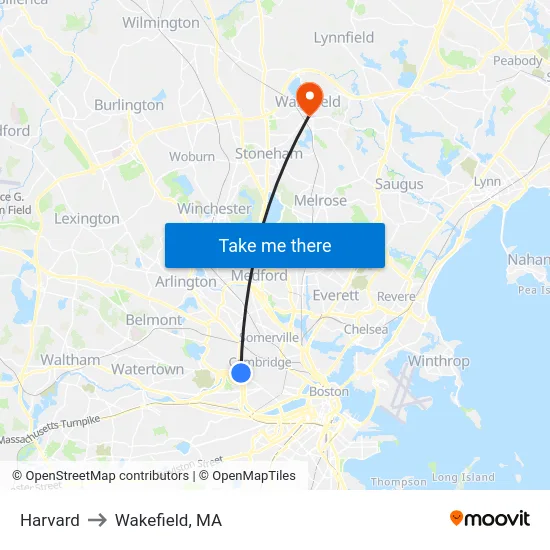 Harvard to Wakefield, MA map