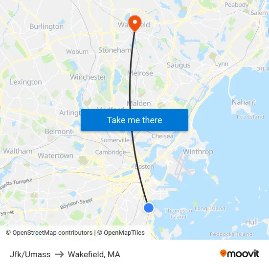 Jfk/Umass to Wakefield, MA map