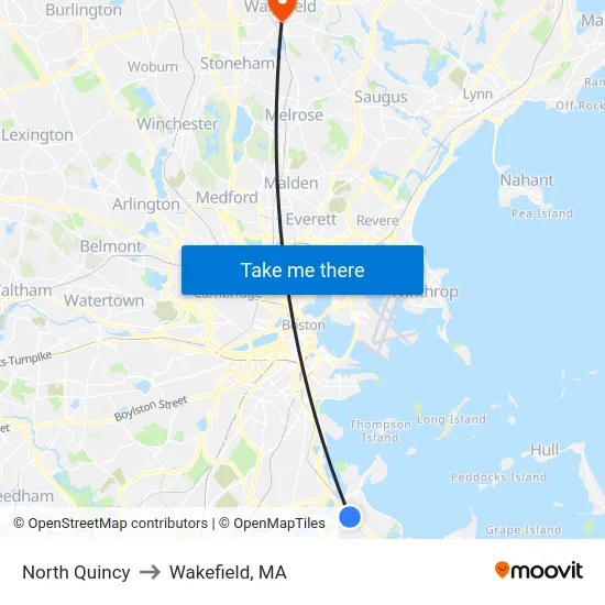 North Quincy to Wakefield, MA map