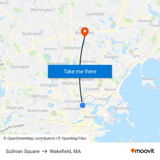 Sullivan Square to Wakefield, MA map