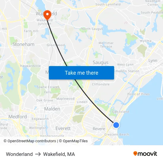 Wonderland to Wakefield, MA map