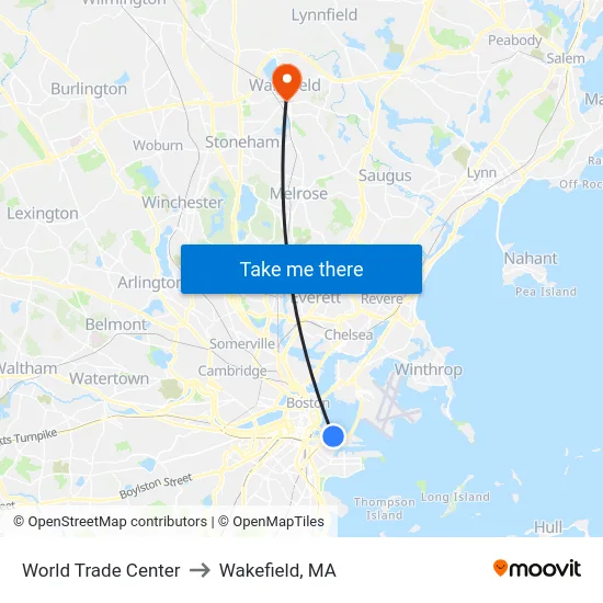 World Trade Center to Wakefield, MA map