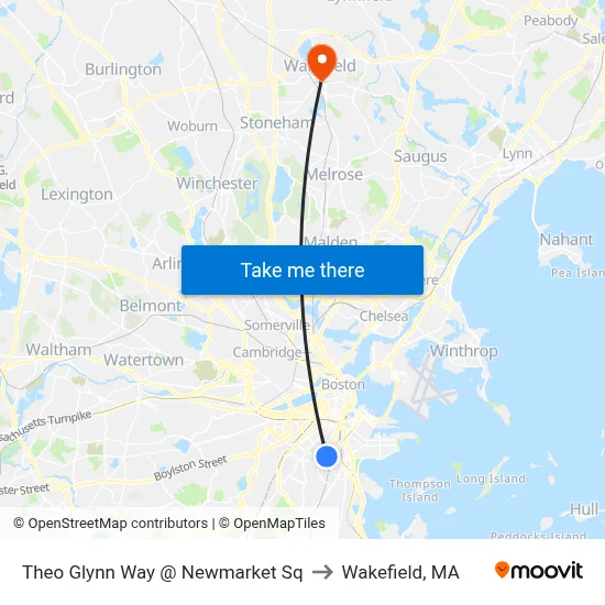 Theo Glynn Way @ Newmarket Sq to Wakefield, MA map
