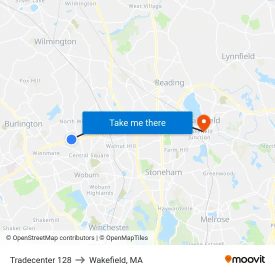Tradecenter 128 to Wakefield, MA map
