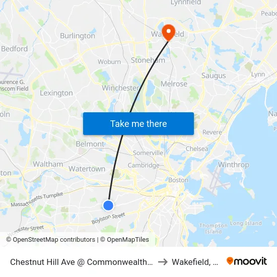 Chestnut Hill Ave @ Commonwealth Ave to Wakefield, MA map