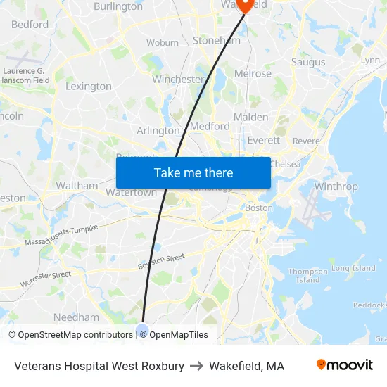 Veterans Hospital West Roxbury to Wakefield, MA map