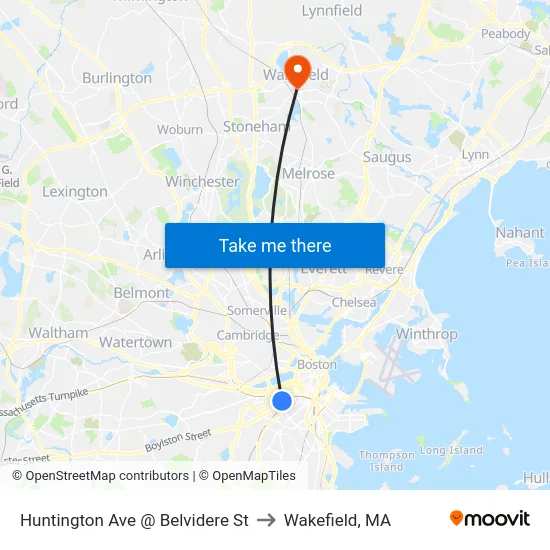 Huntington Ave @ Belvidere St to Wakefield, MA map