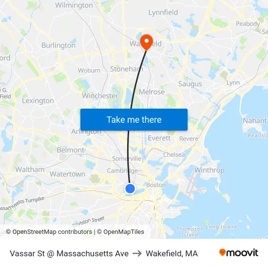 Vassar St @ Massachusetts Ave to Wakefield, MA map