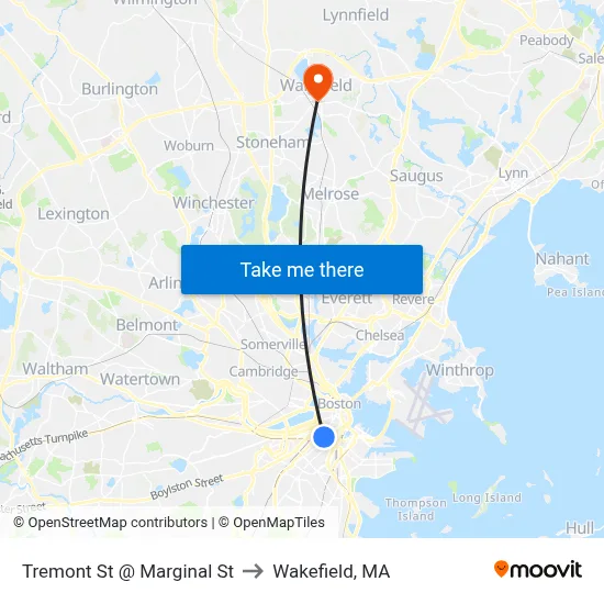 Tremont St @ Marginal St to Wakefield, MA map