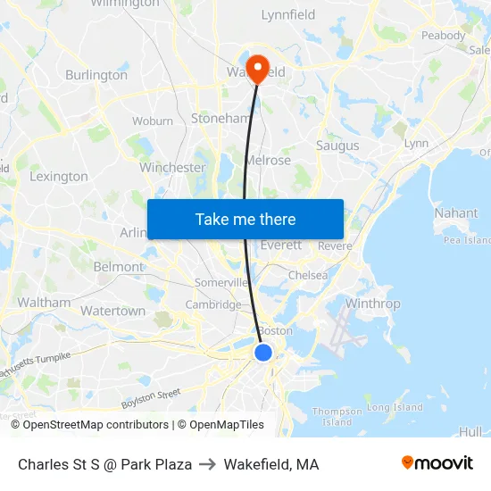 Charles St S @ Park Plaza to Wakefield, MA map