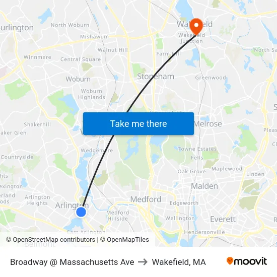 Broadway @ Massachusetts Ave to Wakefield, MA map