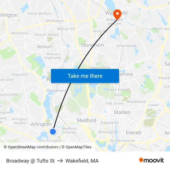 Broadway @ Tufts St to Wakefield, MA map