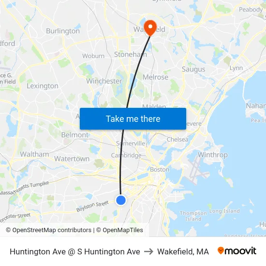 Huntington Ave @ S Huntington Ave to Wakefield, MA map