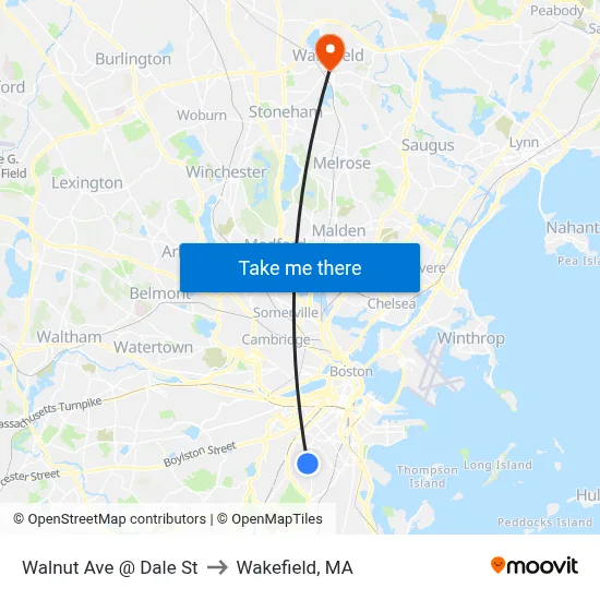 Walnut Ave @ Dale St to Wakefield, MA map