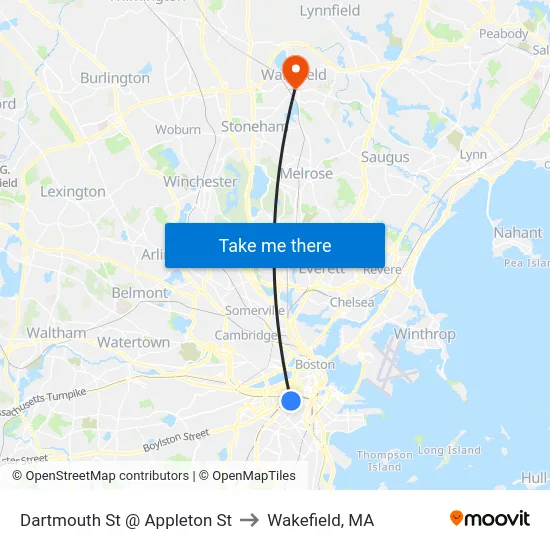 Dartmouth St @ Appleton St to Wakefield, MA map