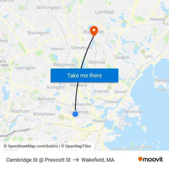 Cambridge St @ Prescott St to Wakefield, MA map