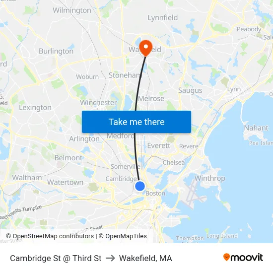 Cambridge St @ Third St to Wakefield, MA map