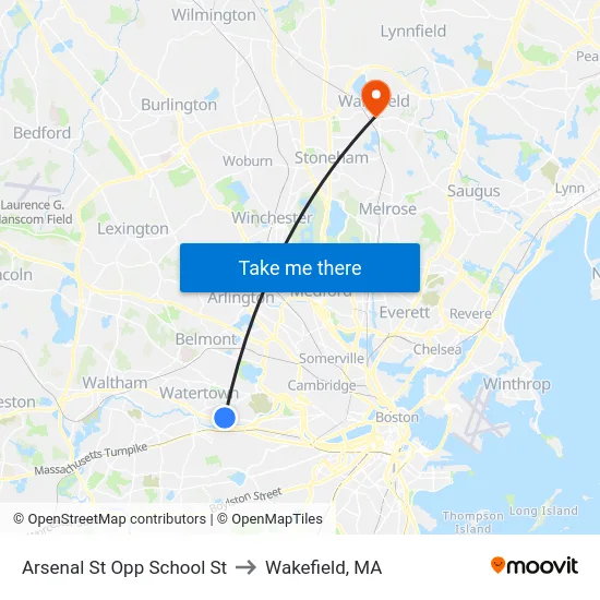 Arsenal St Opp School St to Wakefield, MA map