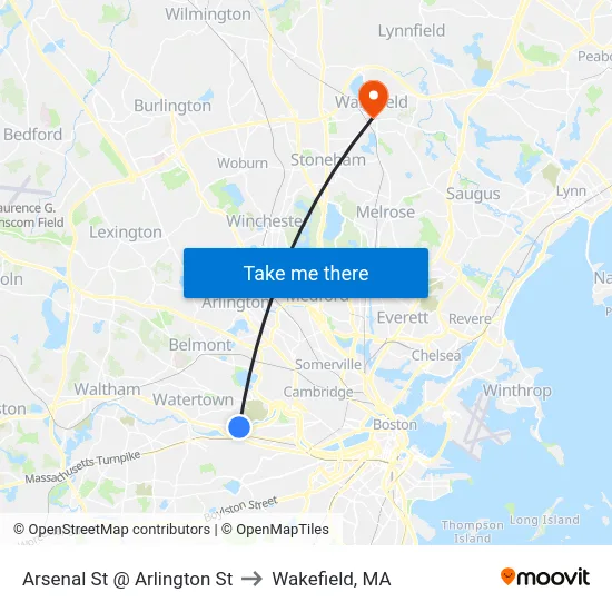 Arsenal St @ Arlington St to Wakefield, MA map
