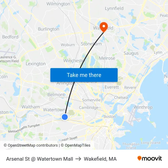 Arsenal St @ Watertown Mall to Wakefield, MA map