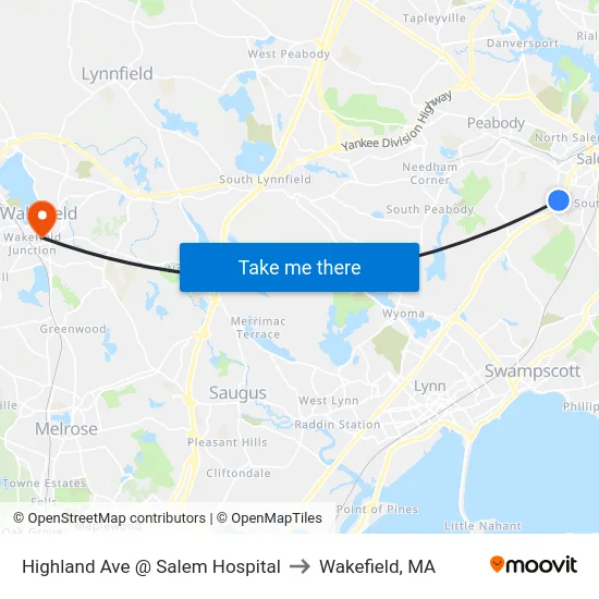 Highland Ave @ Salem Hospital to Wakefield, MA map