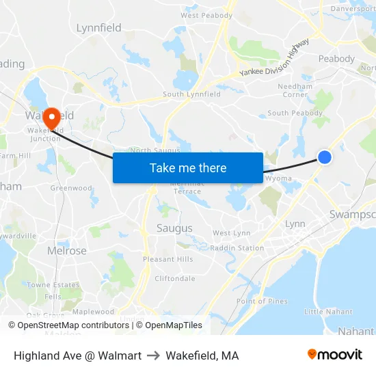 Highland Ave @ Walmart to Wakefield, MA map