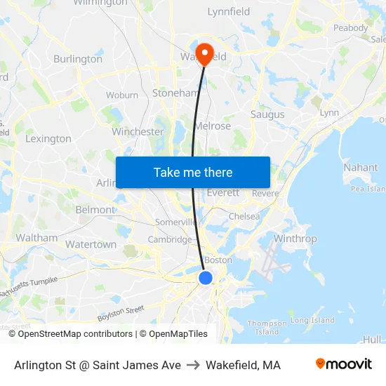Arlington St @ Saint James Ave to Wakefield, MA map