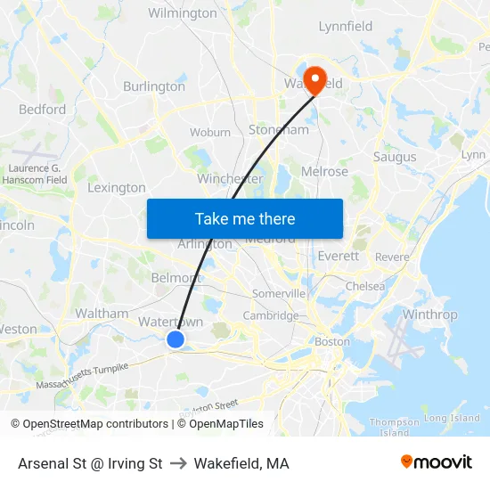 Arsenal St @ Irving St to Wakefield, MA map