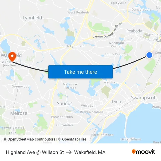 Highland Ave @ Willson St to Wakefield, MA map