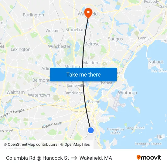 Columbia Rd @ Hancock St to Wakefield, MA map